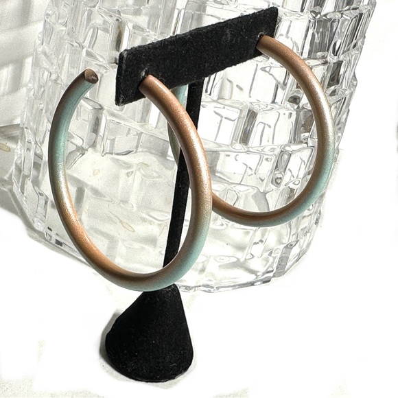 Jewelry - Metallic Tubular Hoops Pastel Peachy Pink & Aqua Blue Large Earrings Mod